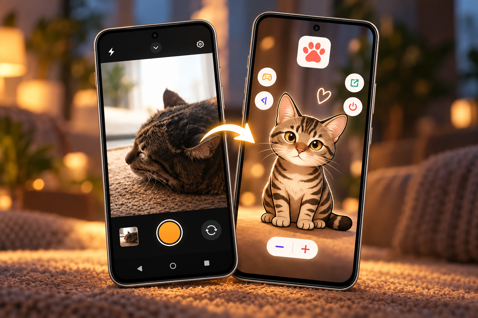 A real tabby cat photo on the left phone becomes an illustrated companion on the right phone.